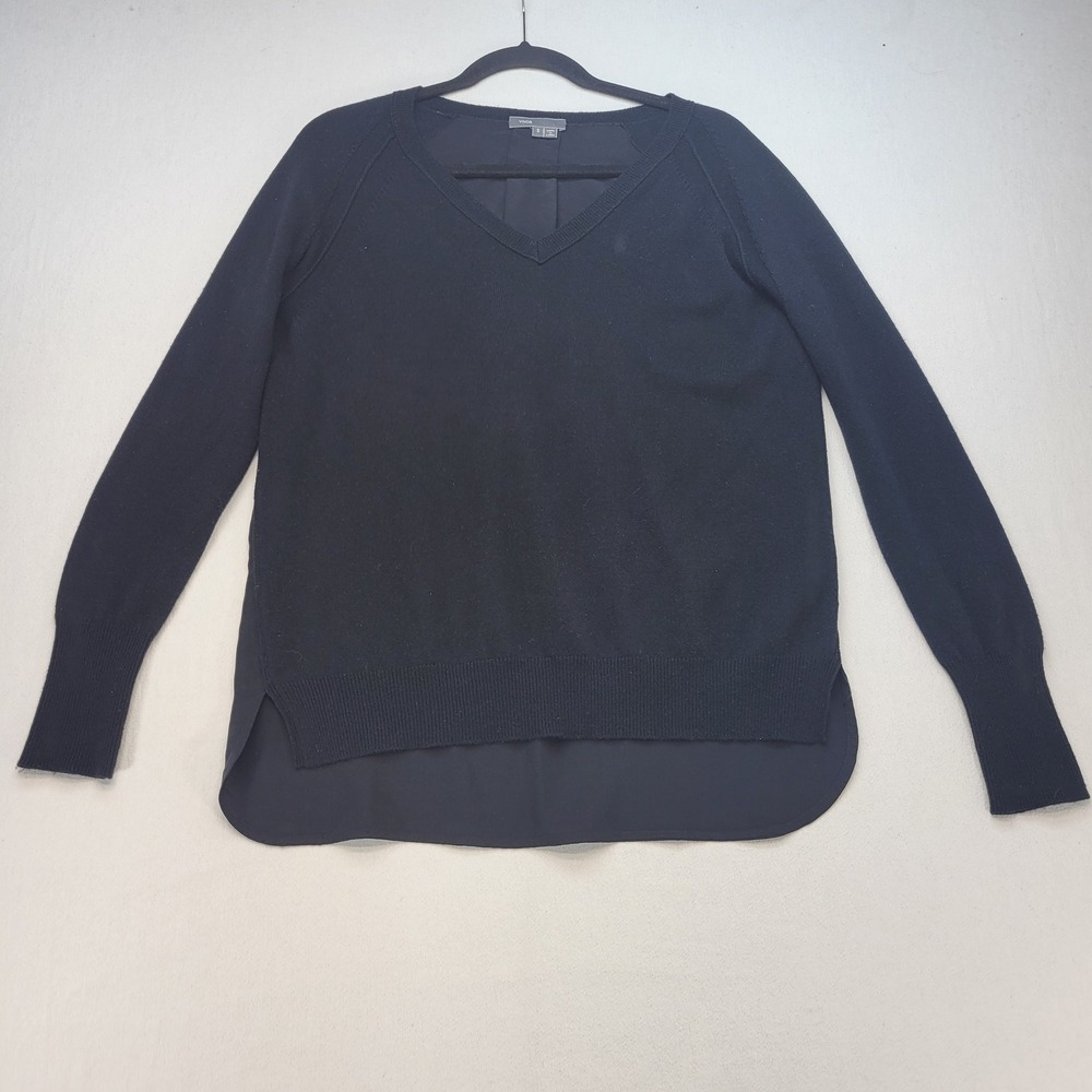 Vince V-Neck Sweater Blouse Womens Small Black Silk Back Wool Cashmere